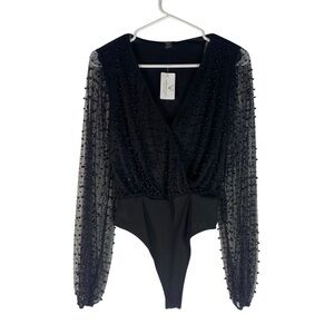 NEW Windsor Beaded Faux Wrap Long Sleeve Bodysuit Top XS Black Sheer Sleeves